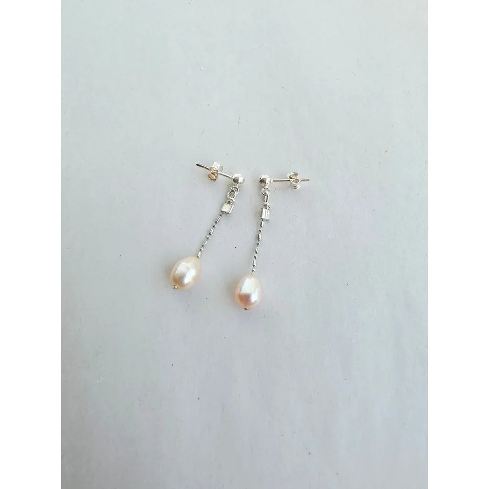 Handmade Sterling Silver 925 Genuine Pink Pearl Drop Dangle Earrings Artisan new